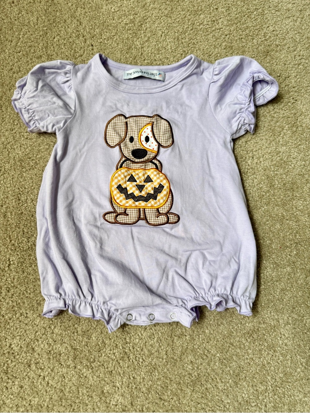 The Smocking Jay’s Lilac Baby Romper with Pumpkin Puppy Appliqué Size 18-24 mths
